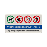 Bord privéterrein toegang/regels, honden aan de lijn,  niet vissen, afval opruimen