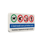 Bord privéterrein toegang/regels, honden aan de lijn,  niet vissen, afval opruimen