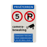 Informatiebord privéterrein, stapvoets rijden, niet parkeren, camerabewaking, verboden toegang - reflecterend