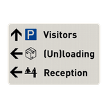 Route bord bezoekers, laden/lossen en receptie met iconen en pijlen - reflecterend