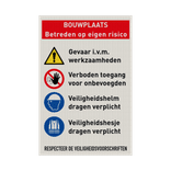 Veiligheidsbord bouwplaats met PBM's en eigen tekst - reflecterend