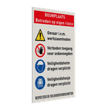 Veiligheidsbord bouwplaats met PBM's en eigen tekst - reflecterend