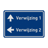 Verkeersbord route/verwijzing met 2 pijlen en eigen tekst (blauw/wit) - reflecterend