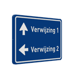 Verkeersbord route/verwijzing met 2 pijlen en eigen tekst (blauw/wit) - reflecterend