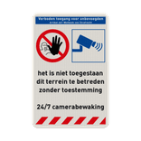 Veiligheidsbord verboden toegang voor onbevoegden met 24/7 camerabewaking + tekst - reflecterend