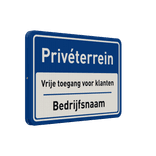 Verkeersbord privéterrein, vrije toegang voor klanten + bedrijfsnaam - reflecterend