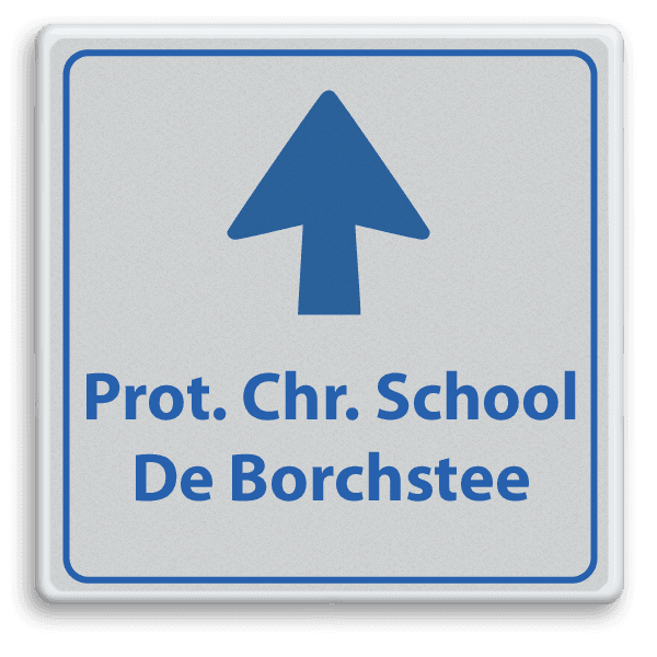 Routebord voor school met tekst en pijl