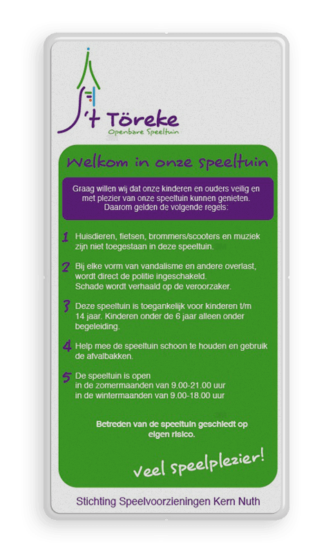 Informatiebord voor speeltuin met logo en spelregels