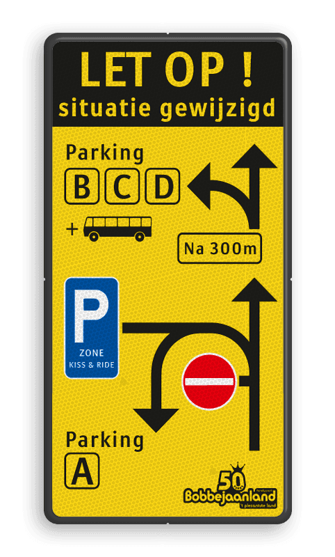 Informatiebord situatie gewijzigd met inrijverbod en diverse routes voor parkeren en logo