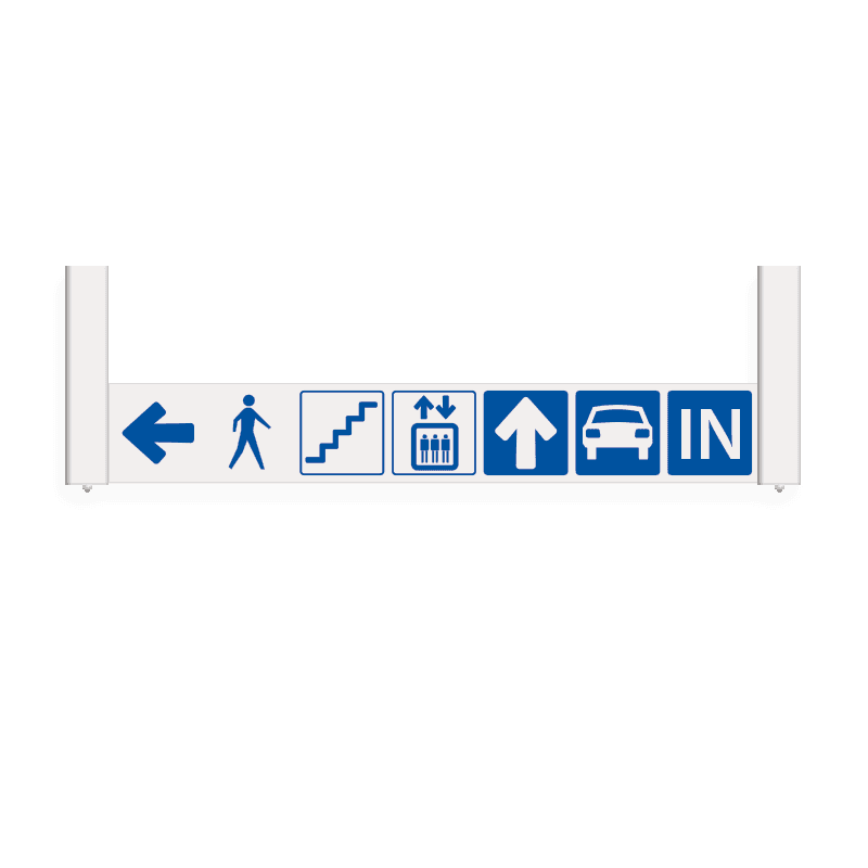 Verwijsbord 130x20cm AUTO en VOETGANGER wit met blauwe pictogrammen en pijl