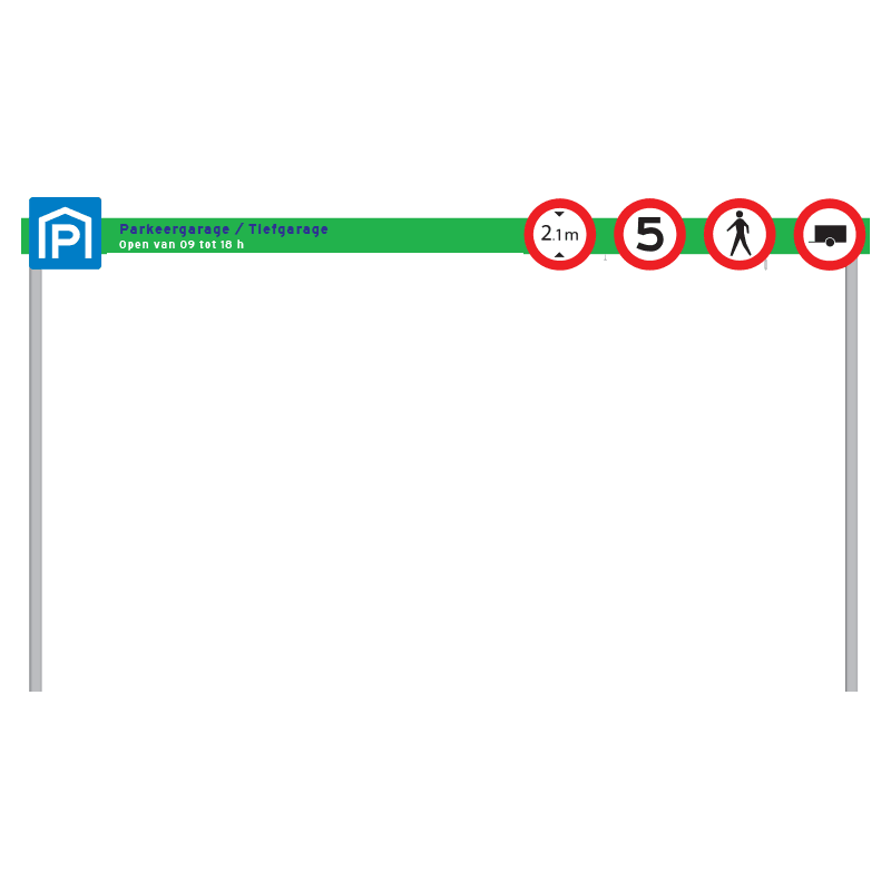 Portaal 5000x2500mm met logobord en verkeerstekens excl hoogteligger+ tekst