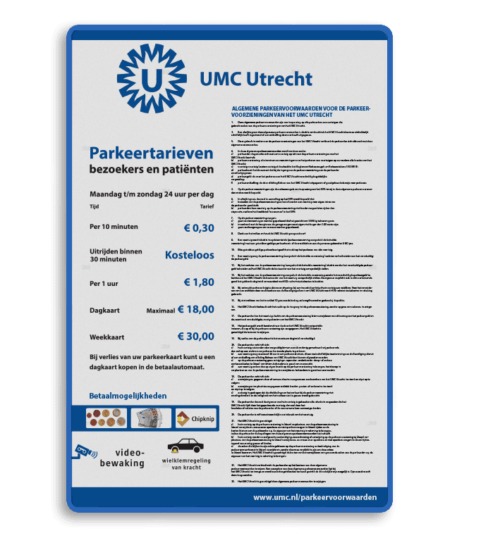 Tarievenbord in huisstijl voor parkeren bezoekers en patiënten