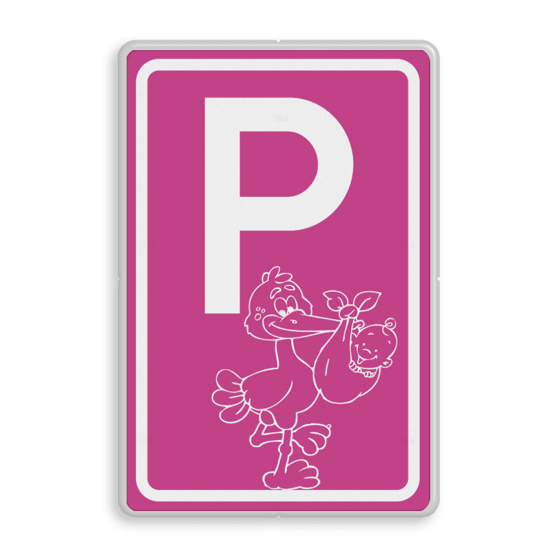 Verkeersbord geboorte meisje, parkeerplaats ooievaar