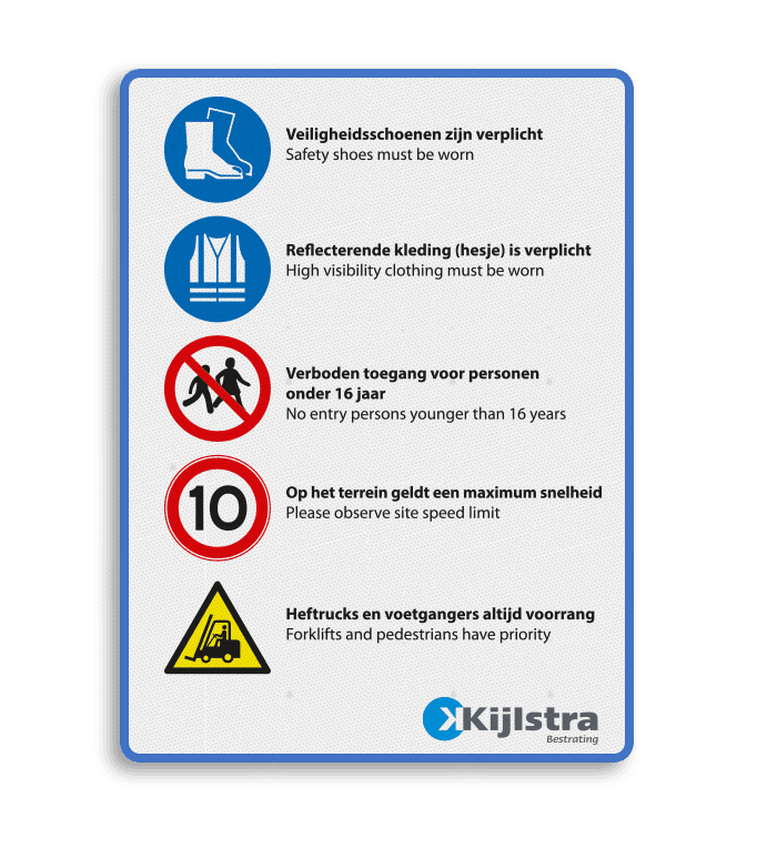 Veiligheidsbord met 5 pictogrammen, tekst en logo
