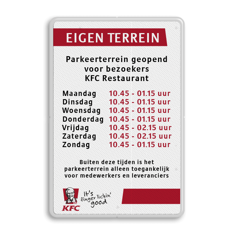 Reflecterende informatiebord met eigen openingstijden en in huisstijl