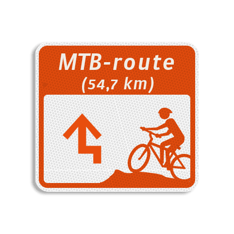 Mountainbikeroutebord 119x109mm met pijl en tekst - klasse 3