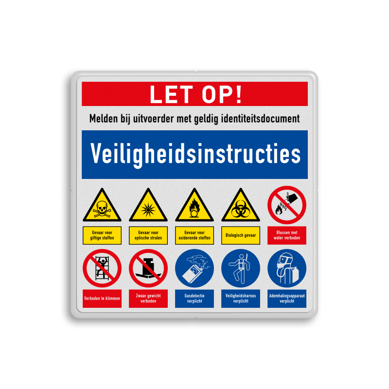Veiligheidsbord met veiligheidsinstructies en 10 pictogrammen