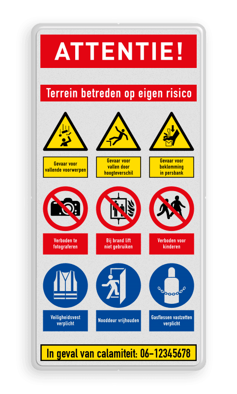 Veiligheidsbord Attentie voor betreden van terrein met 9 pictogrammen