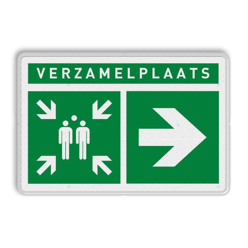 Verzamelplaats BHV bord met tekst en pijl rechts