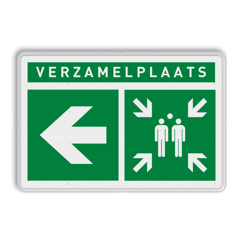 Verzamelplaats BHV bord met tekst en pijl links