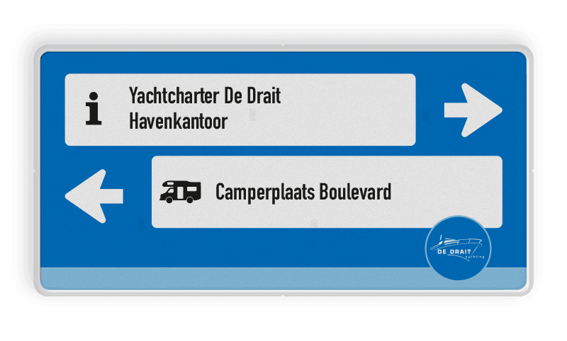 Routebord met pictogrammen, tekst en pijlen in huisstijl
