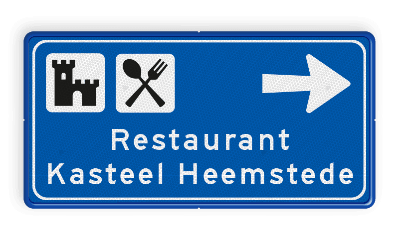 Blauw routebord op maat met tekst en 2 pictogrammen