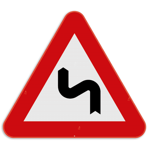 Verkeersbord SB250 A1c - Gevaarlijke dubbele of meer dan twee bochten, de eerste naar links
