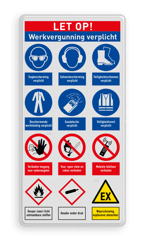 Veiligheidsbord voor betreden terrein met werkvergunning en 12 verschillende pictogrammen