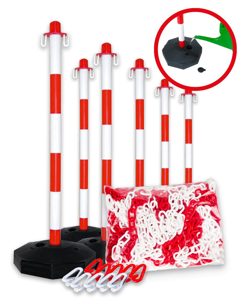 Kit de 6 poteaux en plastique avec chaîne et crochets de fermeture