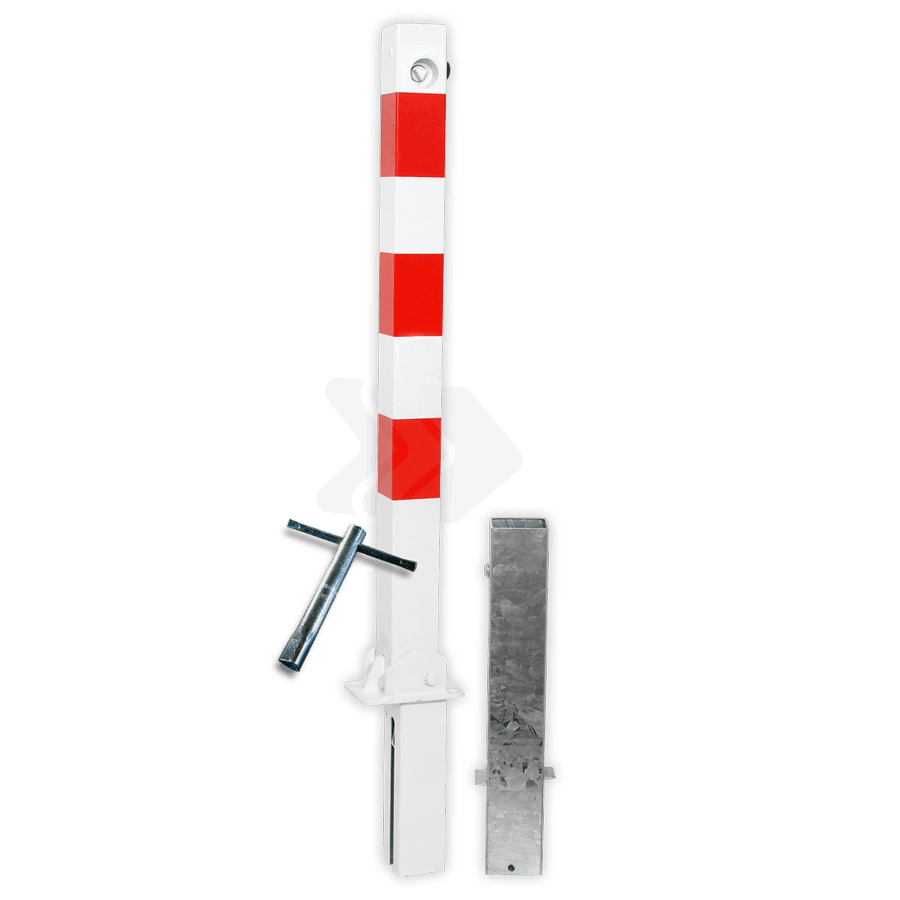 Antiparkeerpaal 70x70mm rood/wit - neerklapbaar en verwijderbaar met grondstuk