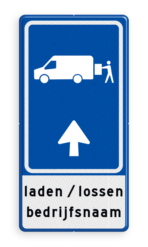 Parkeerroutebord E8p laden en lossen busje met pijl en bedrijfsnaam