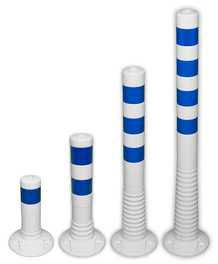 Flexibler Absperrpfosten Ø80 mm aus Polyurethan – überfahrbar, weiß/blau