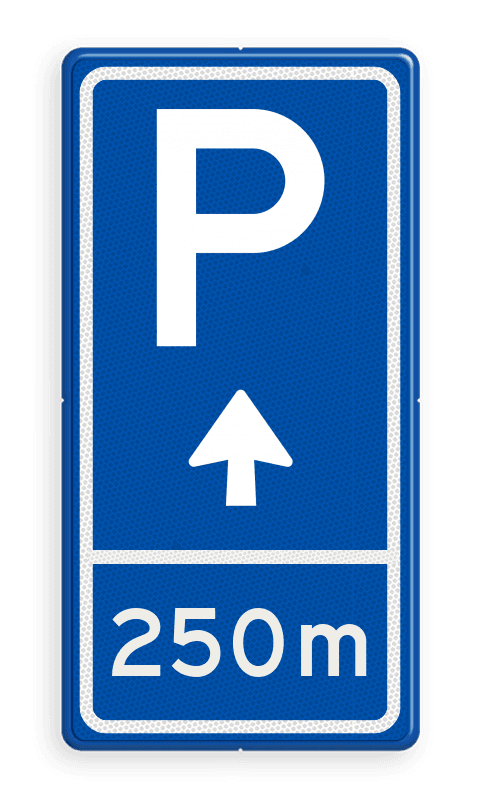 Parkeerbord BW201 met aanpasbare pijl en afstandsaanduiding