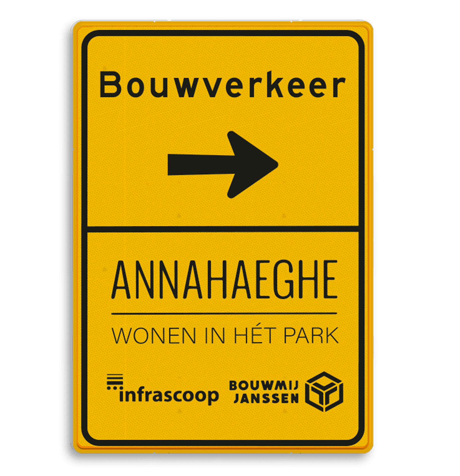 Geel routebord Bouwverkeer met pijl en zwarte tekst en logo's