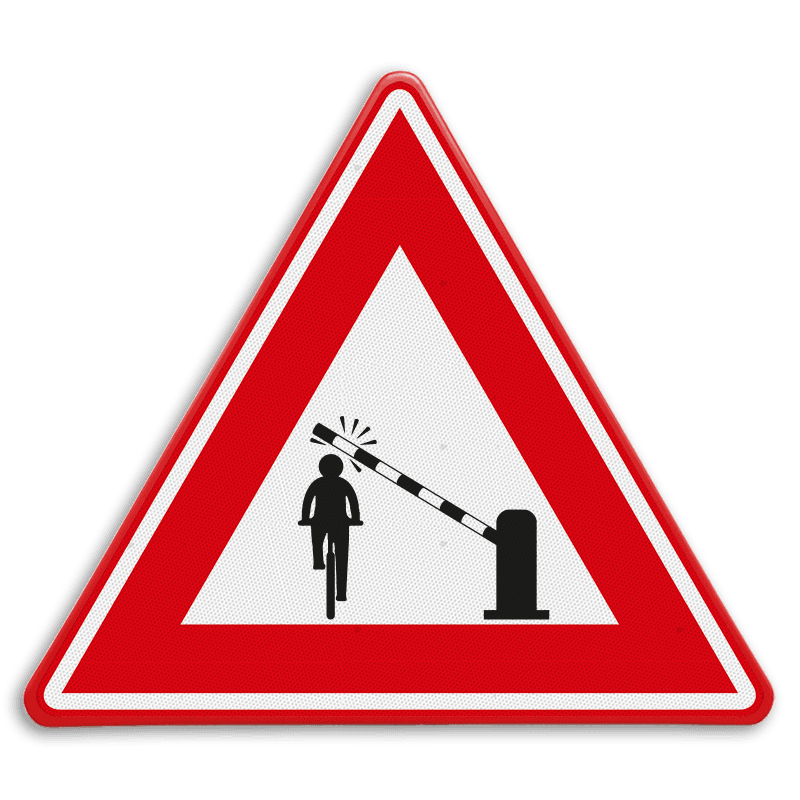 Verkeersbord  - waarschuwing fietsers voor dalende slagboom