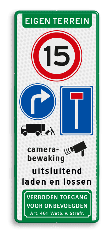 Verkeersbord eigen terrein met diverse symbolen & teksten