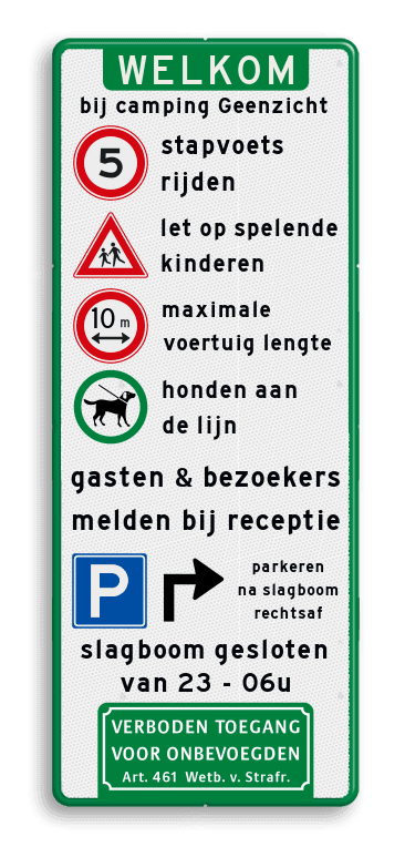 Toegangsbord ingang/entree camping - vakantiepark - Reflecterend