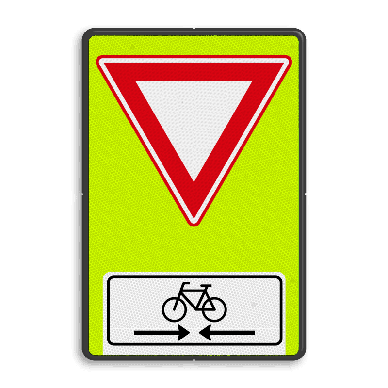 Verkeersbord RVV B06OB503OB02f - Voorrangsweg - FLUOR met Kruising fietspad