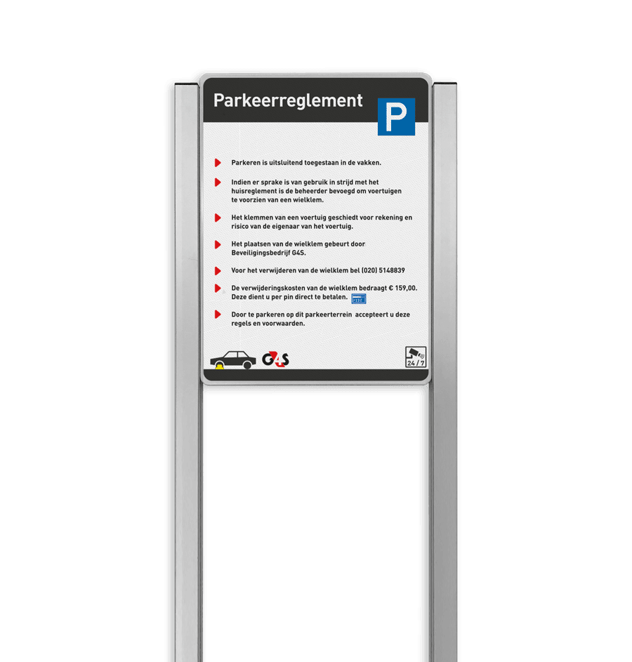 Parkeerreglement G4S - portaalbord 600x800mm - aluminium geborstelde staanders TS6