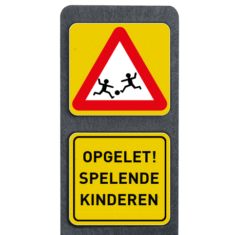 Verzwaarde bermpaal met twee borden symbool/tekst
