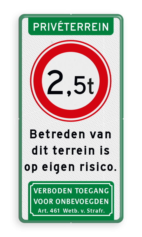 Verkeersbord Privéterrein met betreden voor eigen risico en art 461