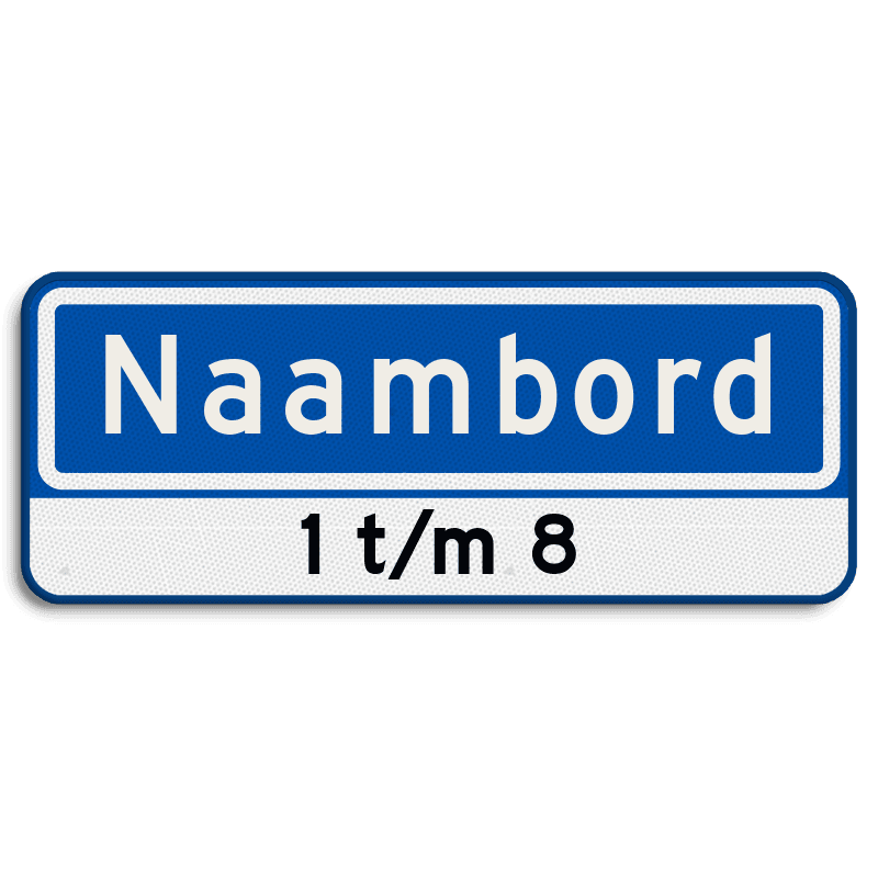 Straatnaambord 08 karakters 500x200 mm + huisnummers NEN 1772