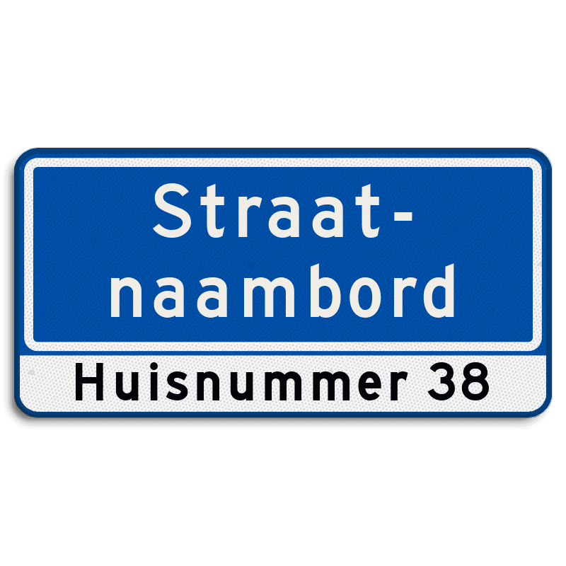 Straatnaambord 20 karakters 600x300mm 2 regelig + huisnummers NEN 1772