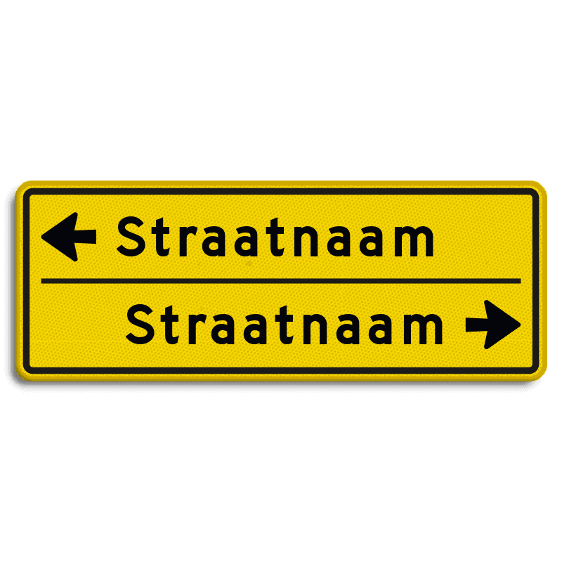 Straatnaambord geel 14 karakters 800x300 mm 2 regelig met pijl NEN 1772