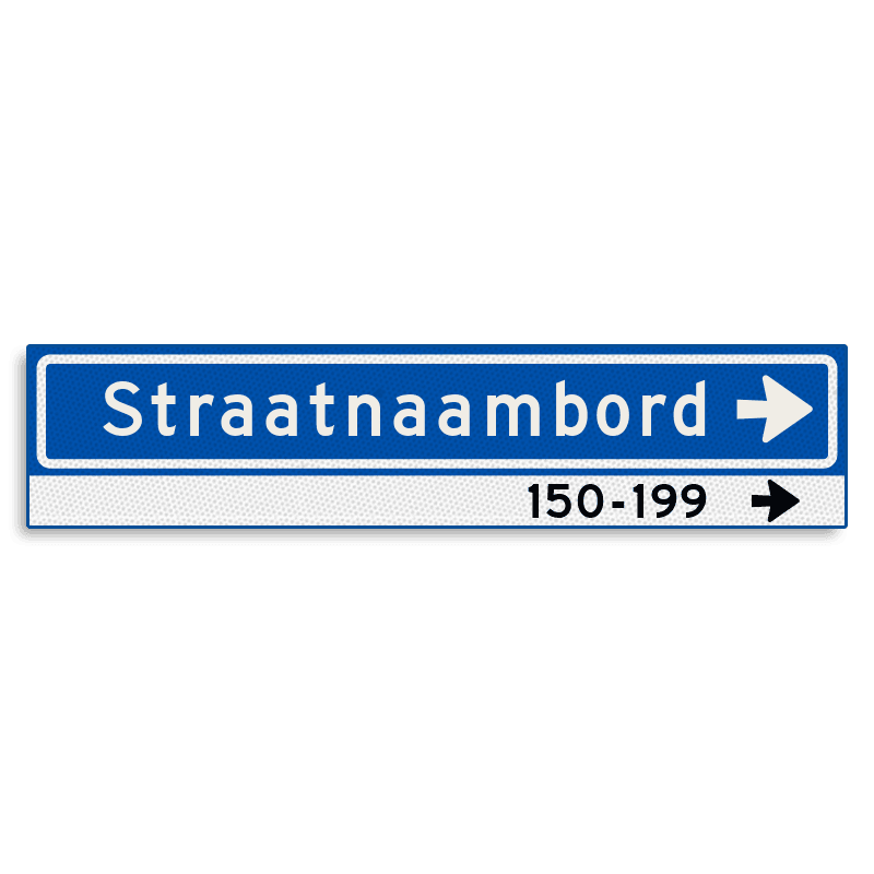 Straatnaambord KOKER 900x200mm - max. 16 karakters - huisnummers en pijl rechts - NEN1772