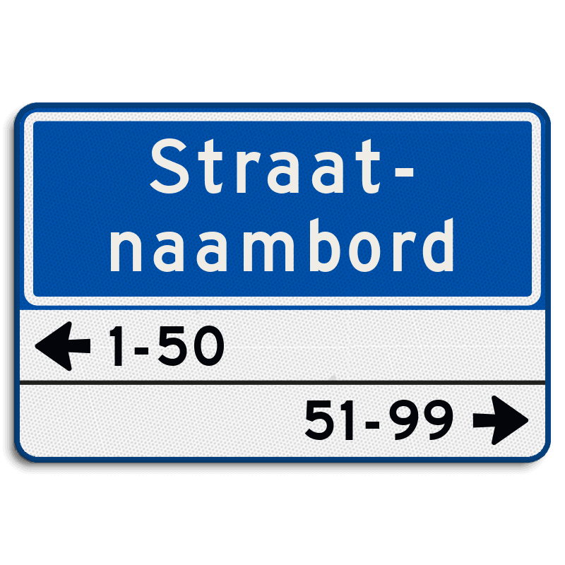 Straatnaambord 20 karakters 600x400mm 2 regelig + huisnummers NEN 1772