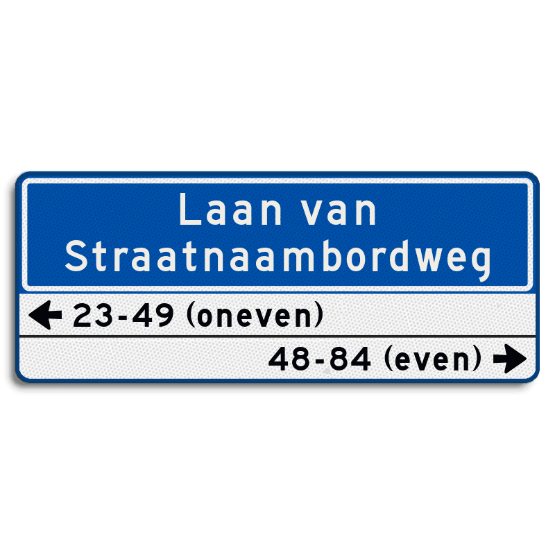 Straatnaambord 36 karakters 1000x400mm 2 regelig + huisnummers NEN 1772