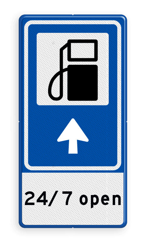 Verkeersbord RVV BW101Sp10 - Pompstation met aanpasbare pijlrichting