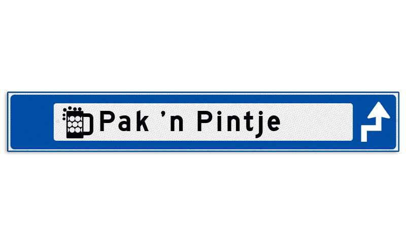 Verwijsbord object (blauw) - met 1 pictogram, 1 regel tekst en pijl