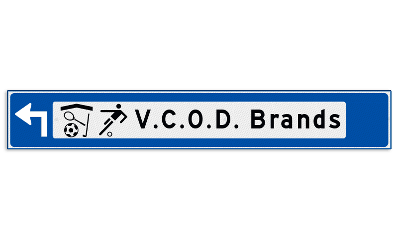 Verwijsbord object (blauw) - met 2 pictogrammen, 1 regel tekst en pijl